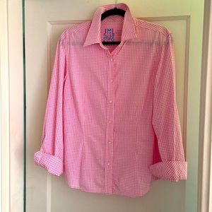 J. McLaughlin pink gingham check fitted dress shirt, size 14, 100% cotton